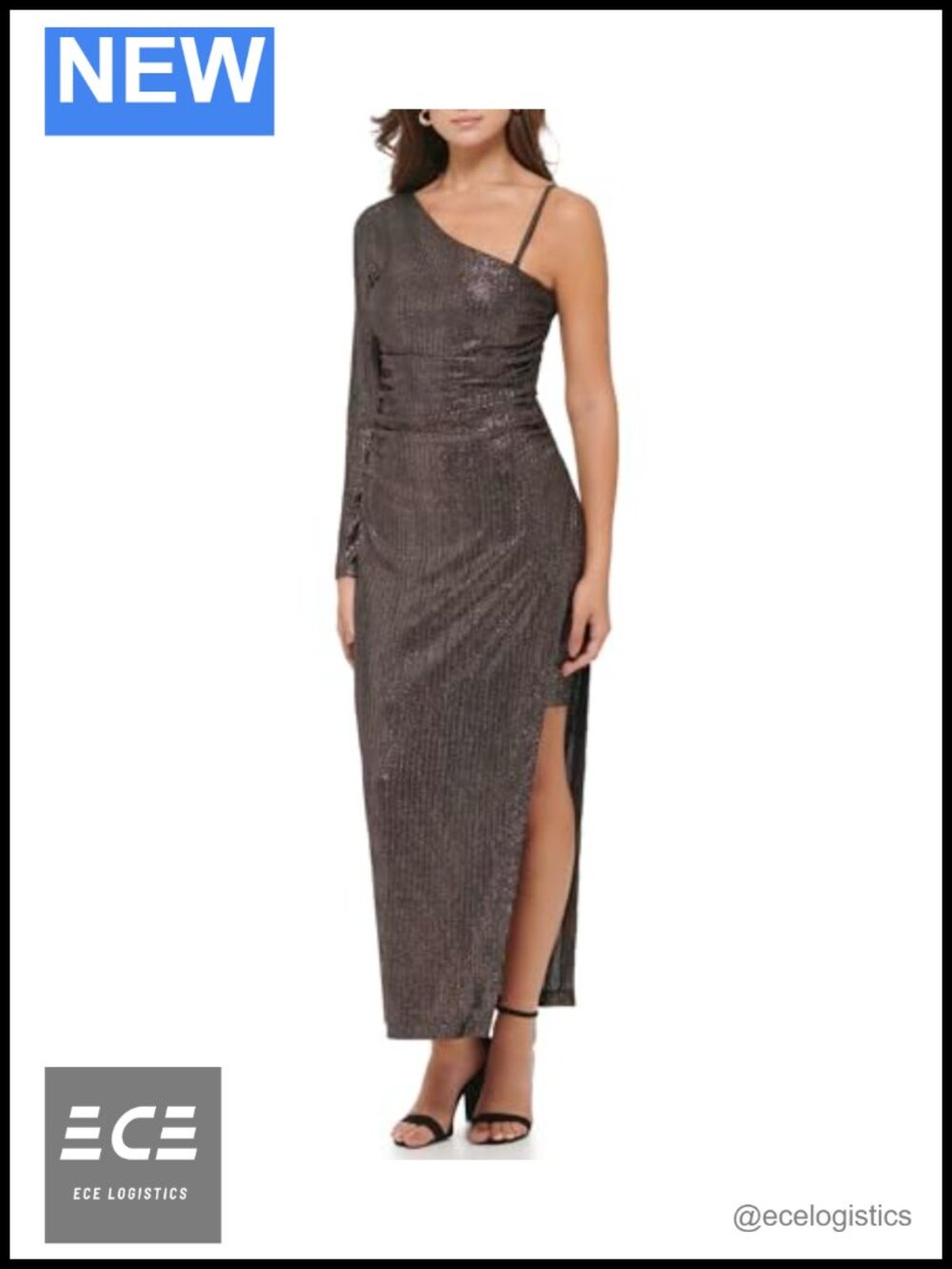 One Sleeve High Slit Striped Foil Knit Midi Dress Casual Party